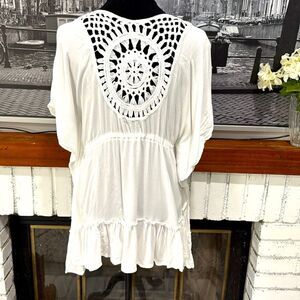 Blue Island Women Swim Cover-up Dress White Crochet Short sleeve XS Oversized